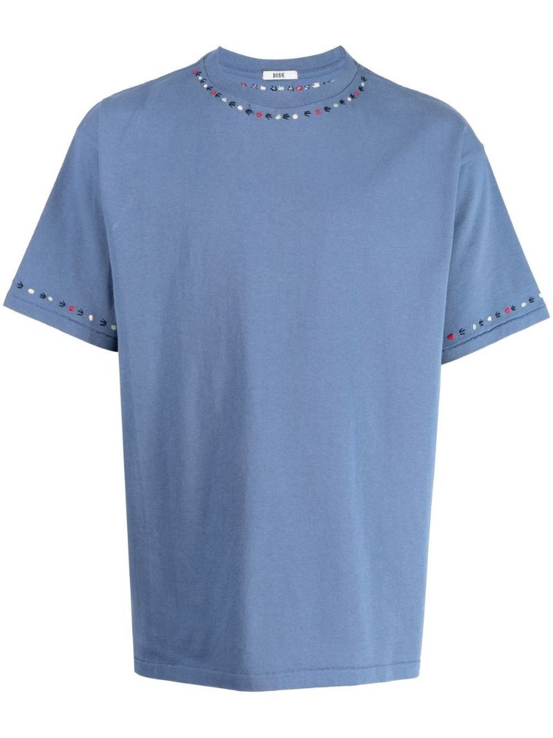 Blue Blooming Garland Embroidered T-shirt