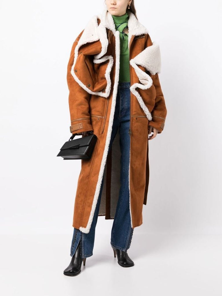 Brown Shearling Trim Single-breasted Coat