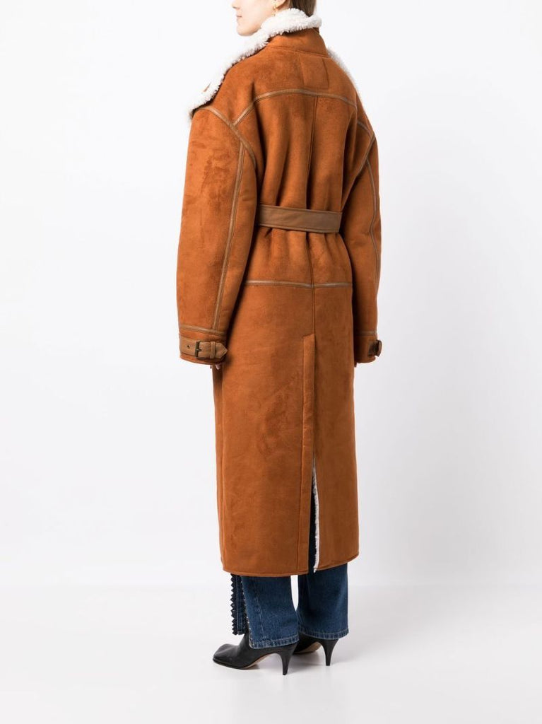 Brown Shearling Trim Single-breasted Coat