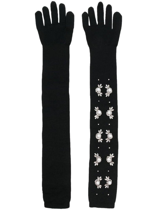 Black Crystal Embellished Elbow Gloves
