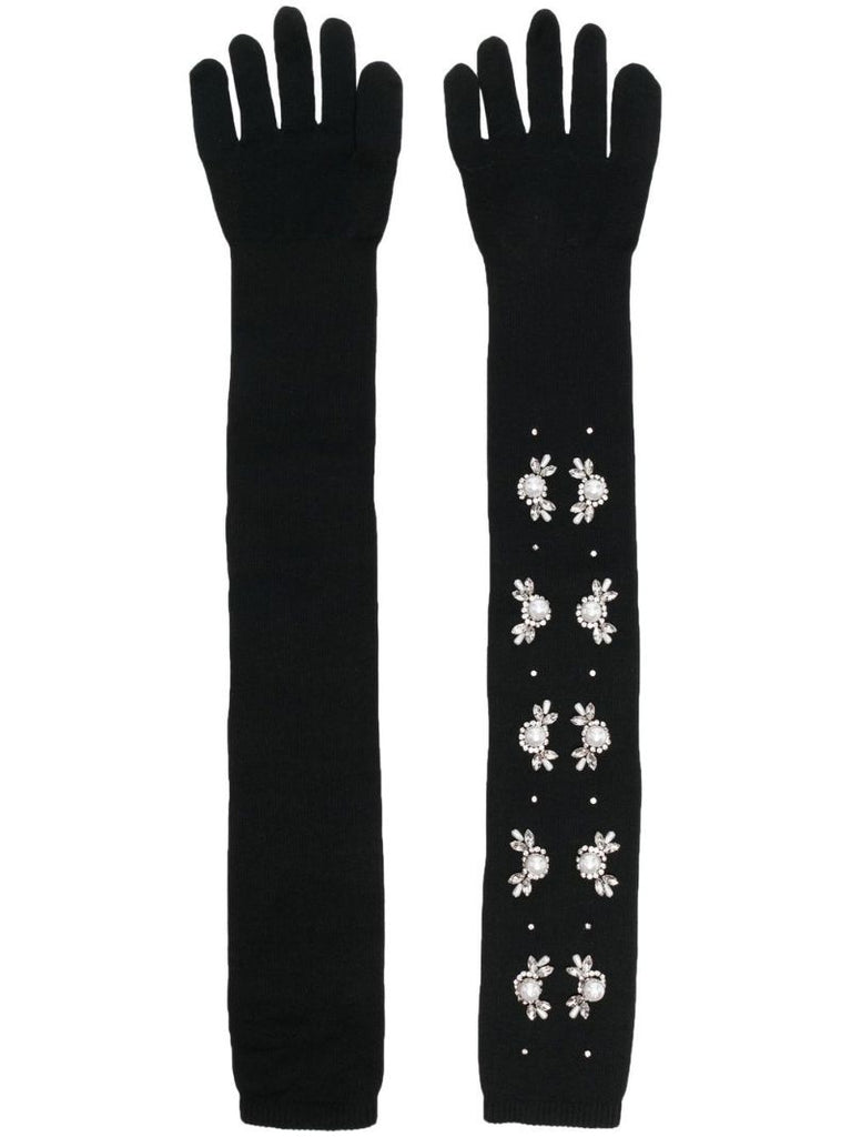 Black Crystal Embellished Elbow Gloves