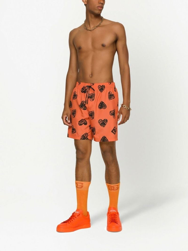 Orange Heart Print Swim Shorts