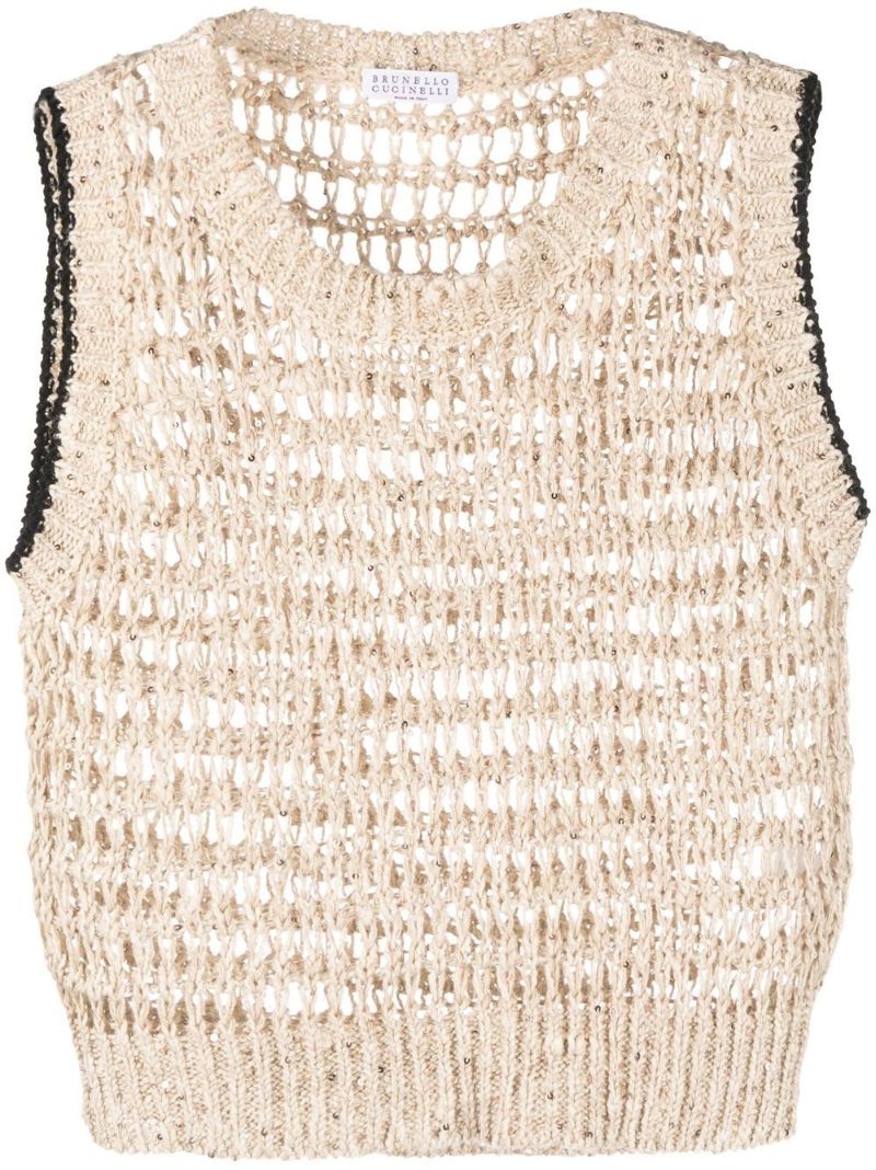 Beige Open-knit Vest Top