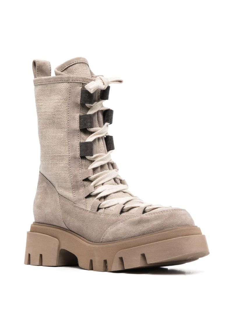 Beige Lugged Sole Lace-up Boots