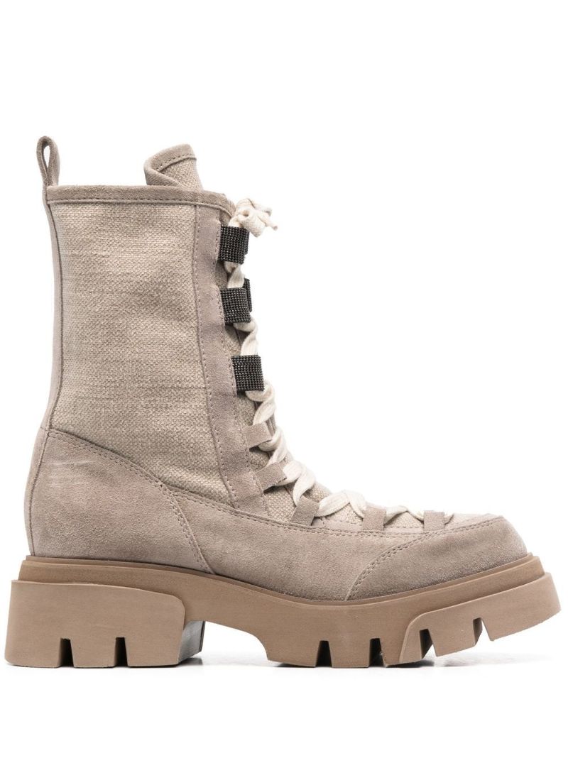 Beige Lugged Sole Lace-up Boots