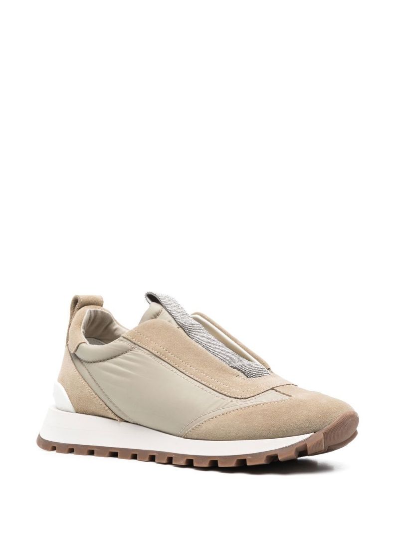 Beige Embellished Low-top Leather Sneakers
