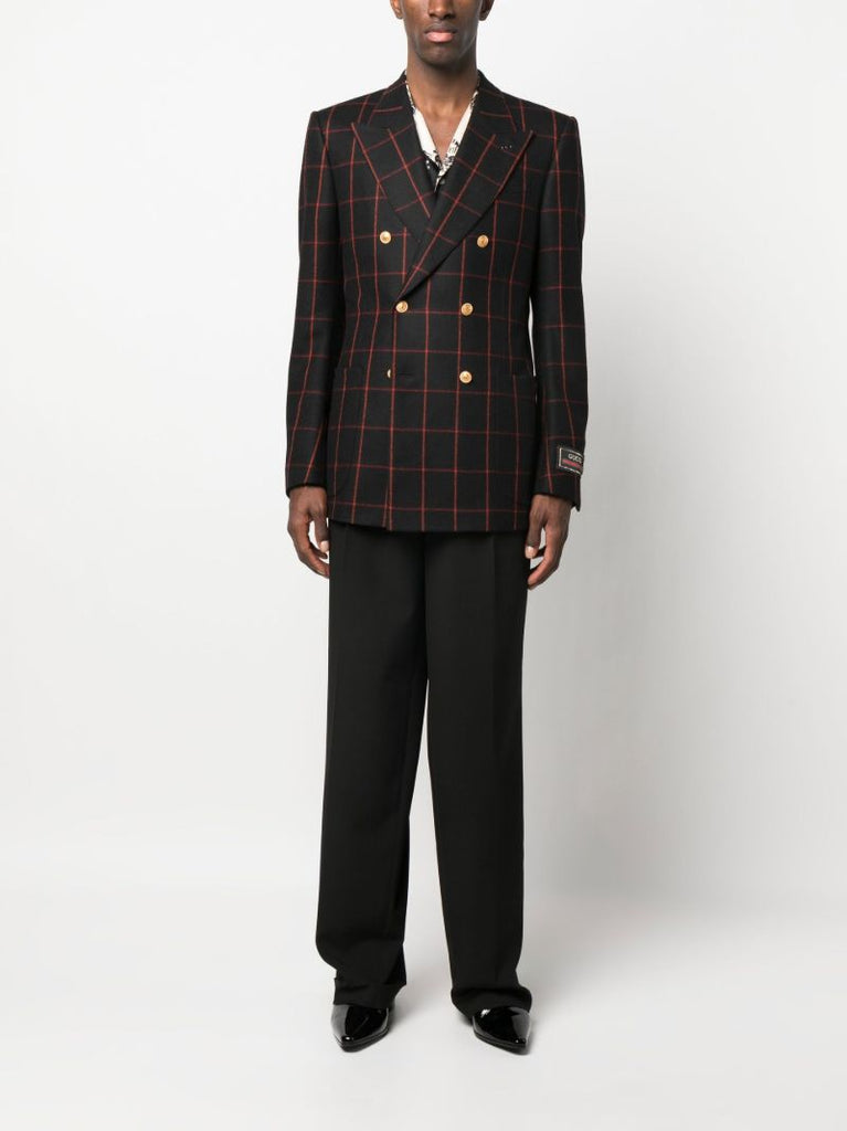 Black Checked Double-breasted Wool Blazer