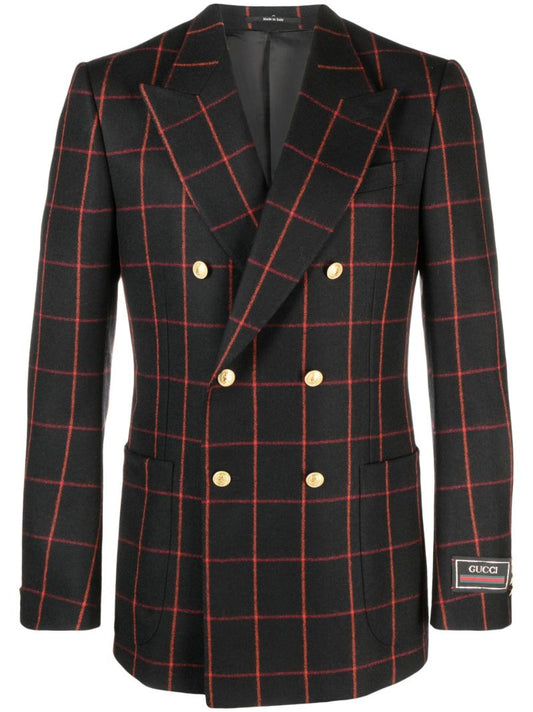 Black Checked Double-breasted Wool Blazer