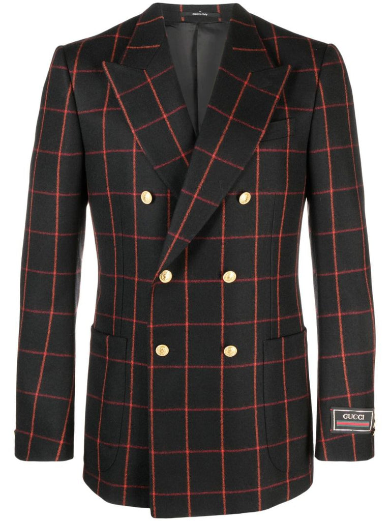 Black Checked Double-breasted Wool Blazer