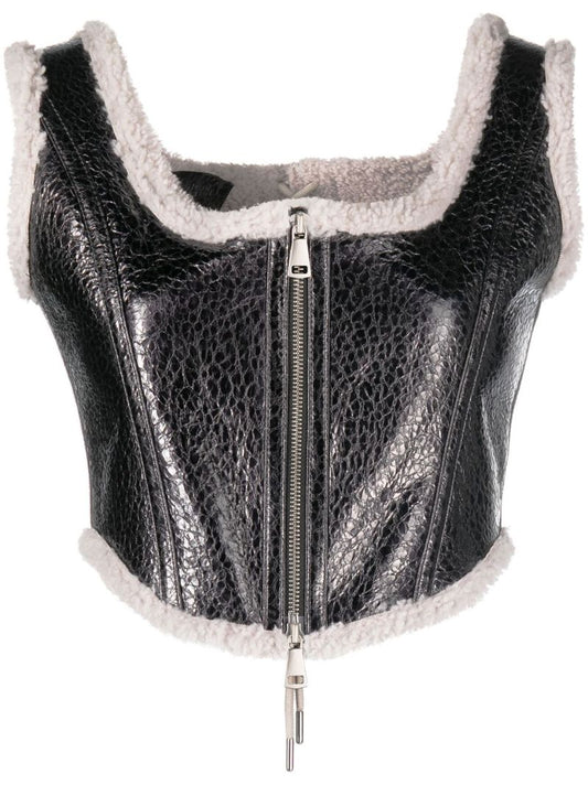 Black Shearling-trim Corset Top
