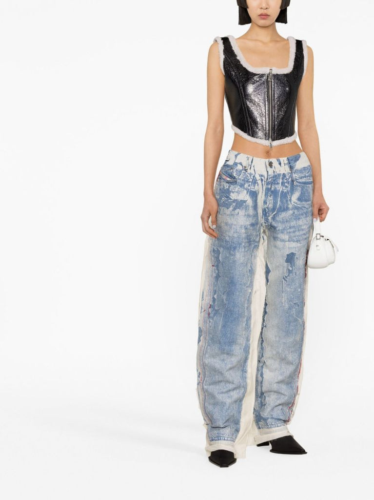 Black Shearling-trim Corset Top
