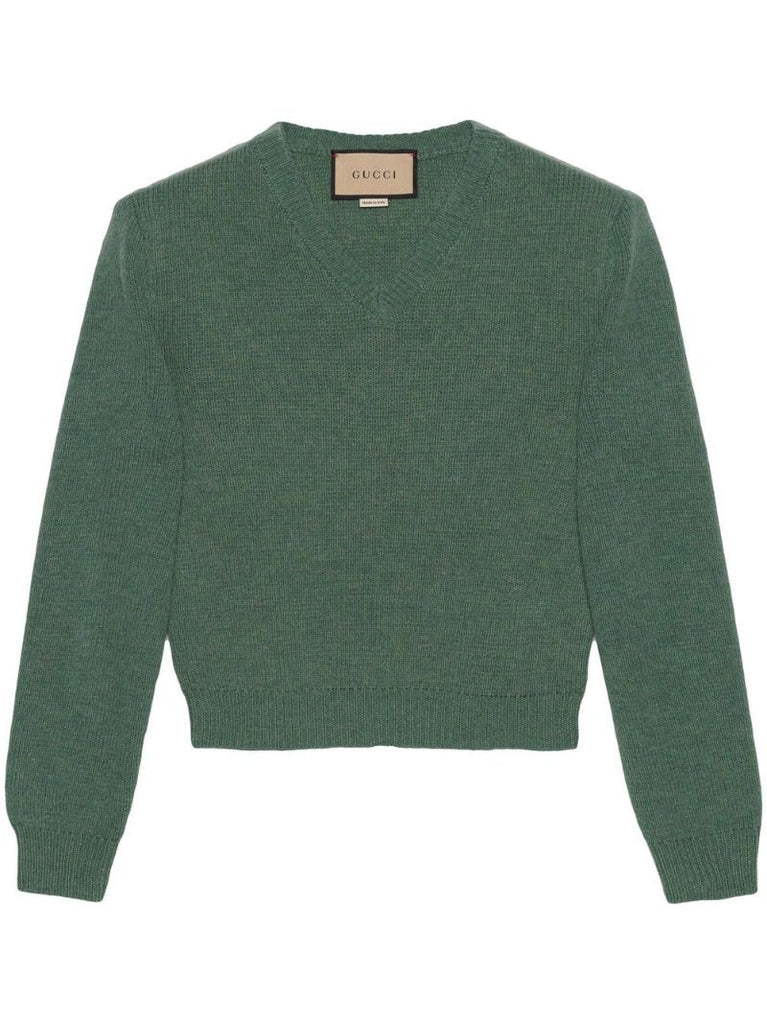 Green V-neck Wool Sweater
