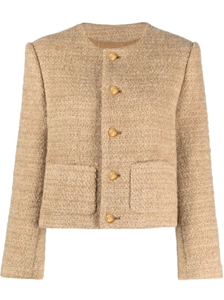 Beige Embossed Button Tweed Jacket