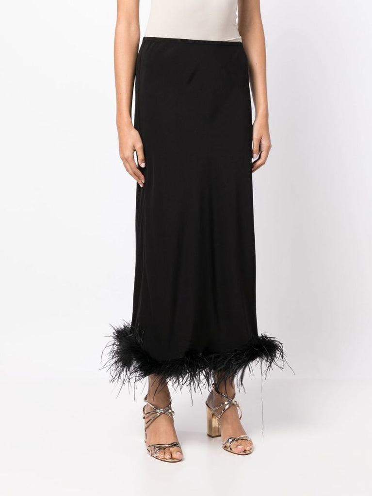 Black Kelly Feather Trim Midi Skirt