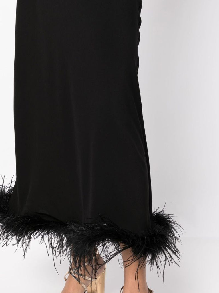Black Kelly Feather Trim Midi Skirt
