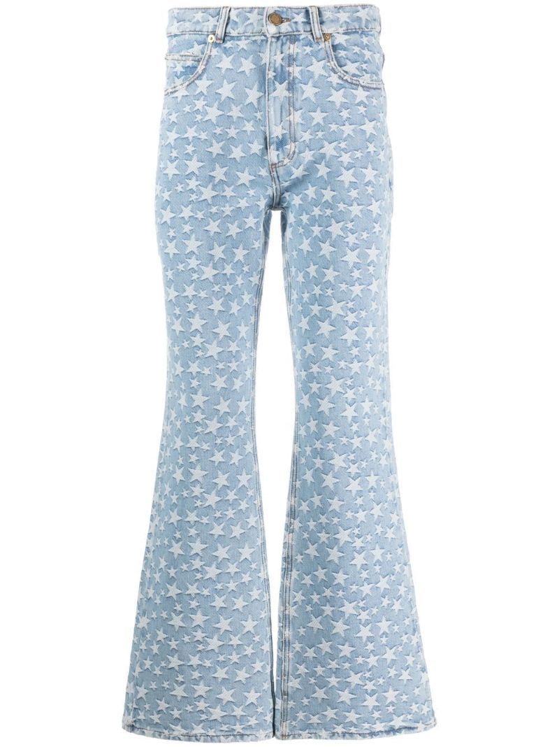 Blue Jacquard Star Pattern Flared Jeans