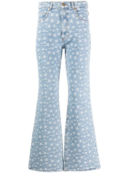 Blue Jacquard Star Pattern Flared Jeans