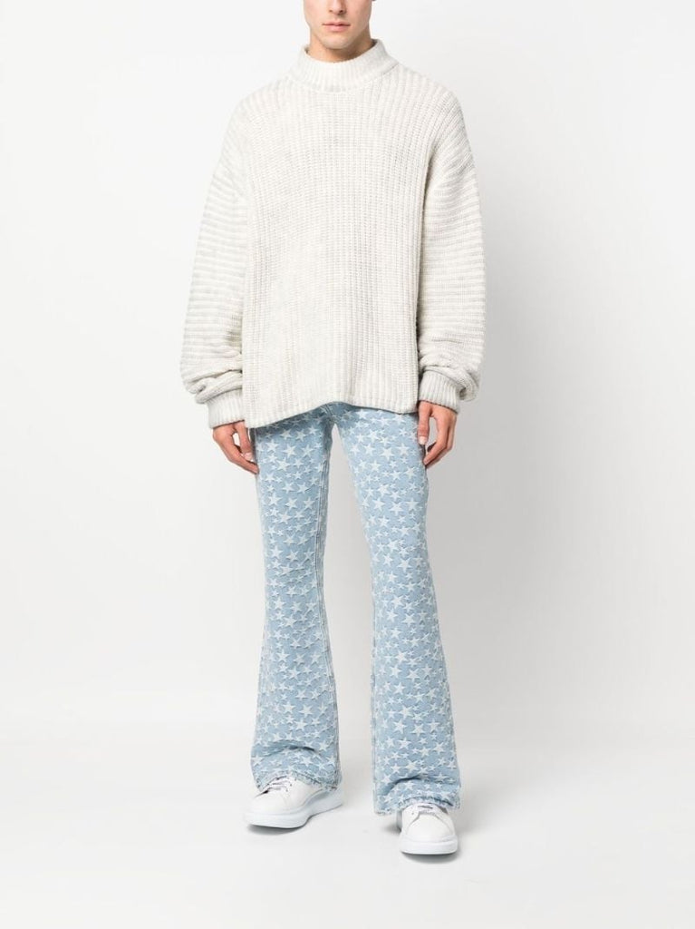 Blue Jacquard Star Pattern Flared Jeans