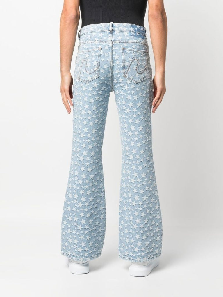 Blue Jacquard Star Pattern Flared Jeans