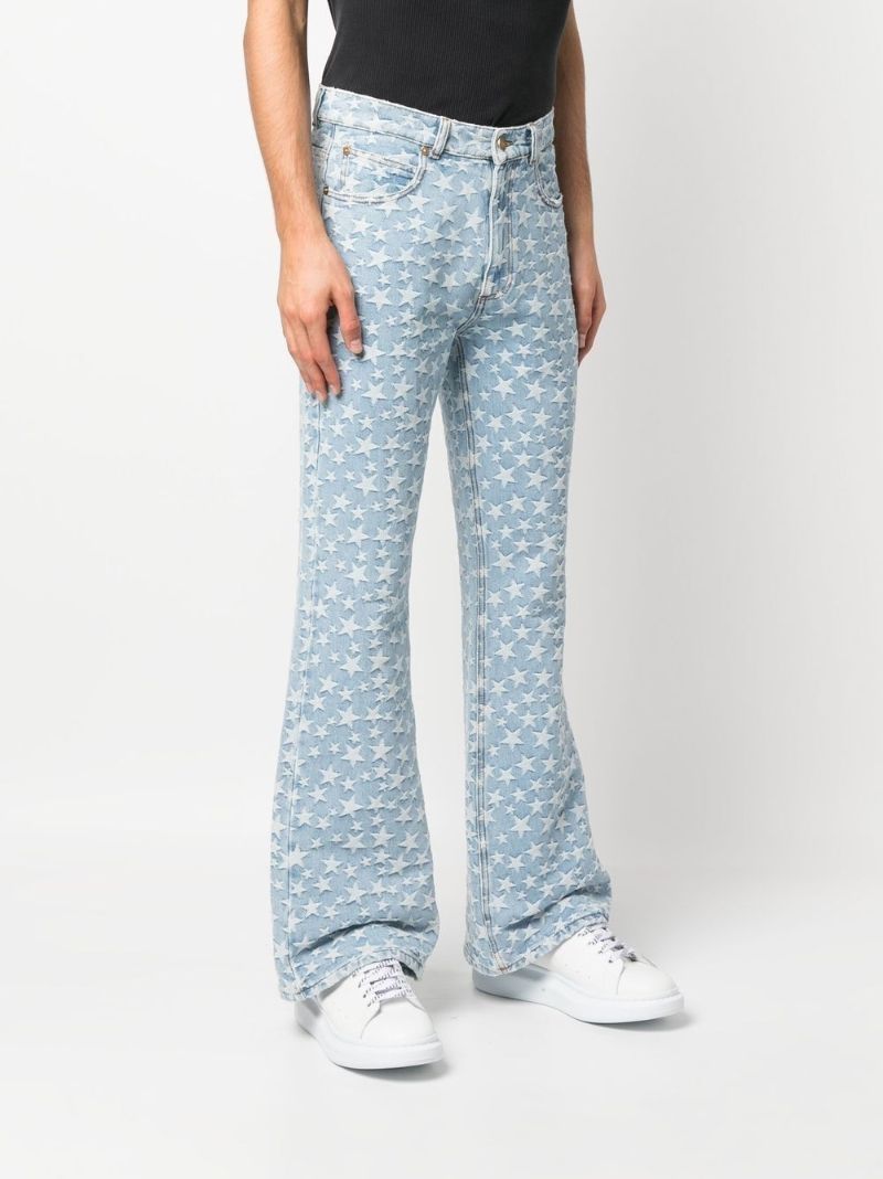 Blue Jacquard Star Pattern Flared Jeans