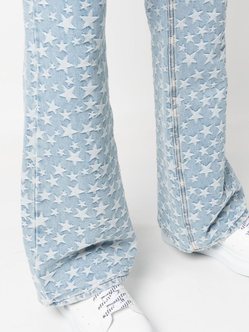Blue Jacquard Star Pattern Flared Jeans