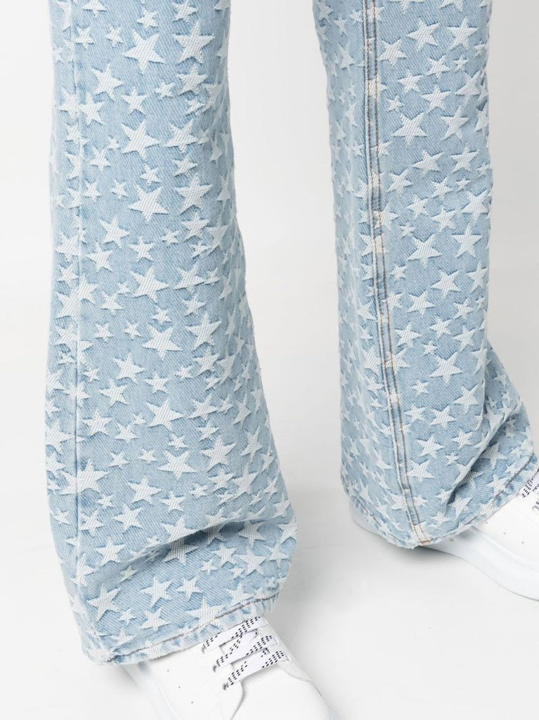 Blue Jacquard Star Pattern Flared Jeans