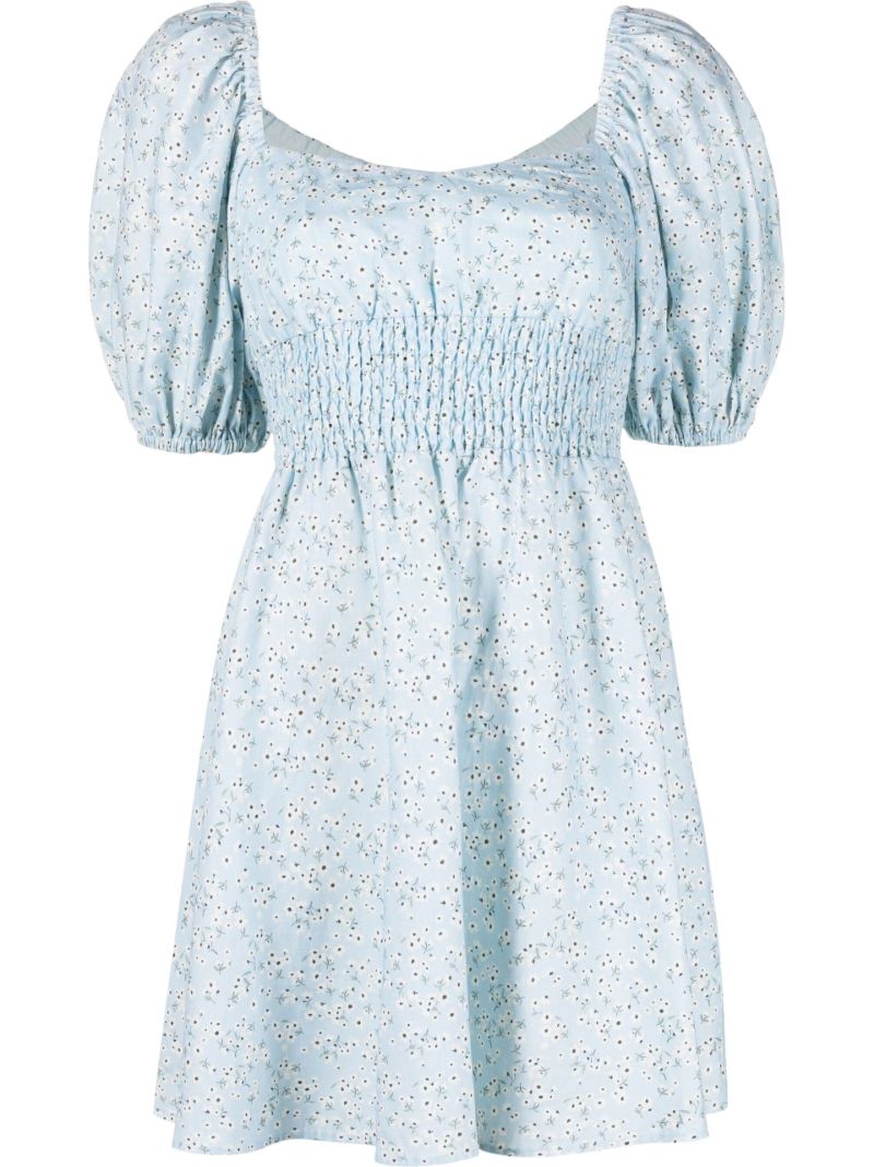 Blue Floral Print Linen Mini Dress