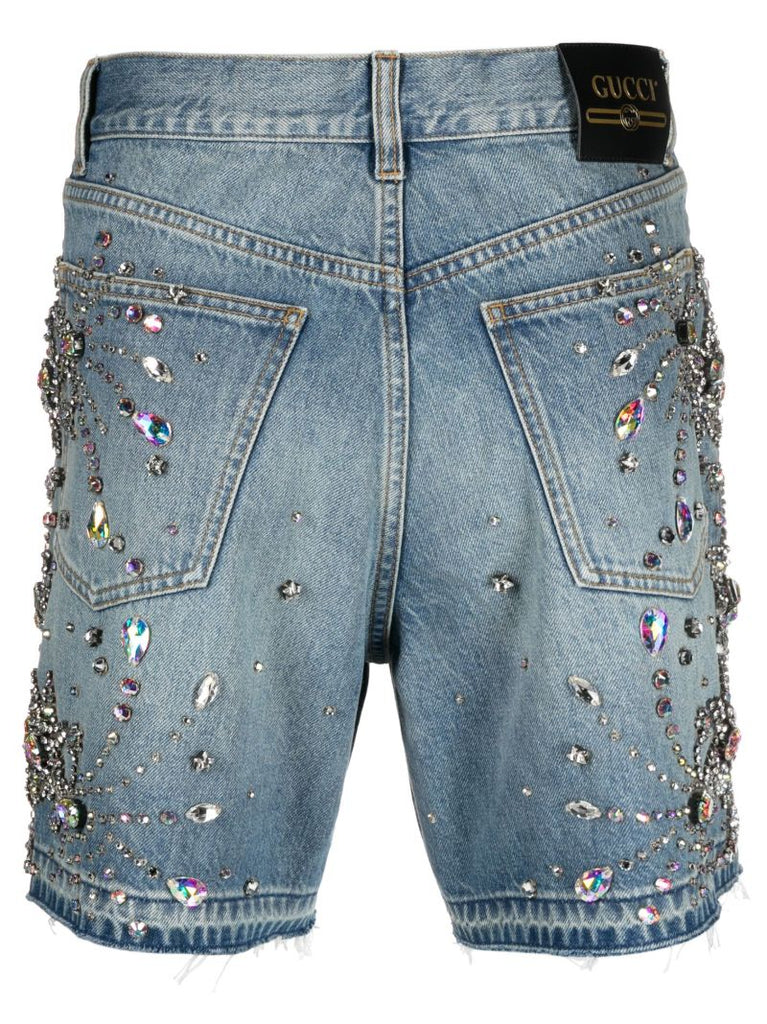 Blue Crystal-embellished Denim Shorts