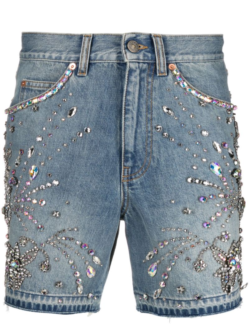 Blue Crystal-embellished Denim Shorts
