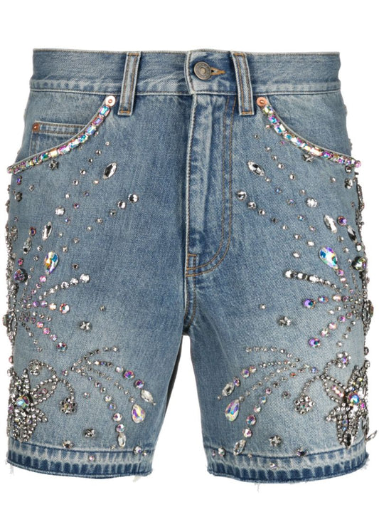 Blue Crystal-embellished Denim Shorts
