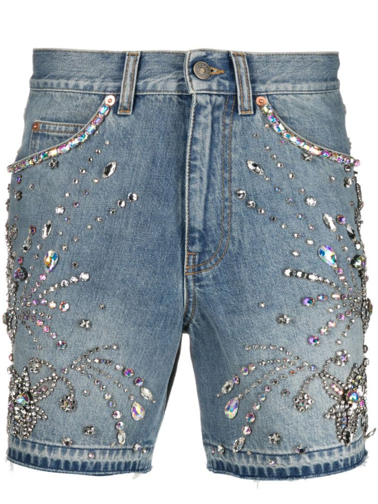 Blue Crystal-embellished Denim Shorts