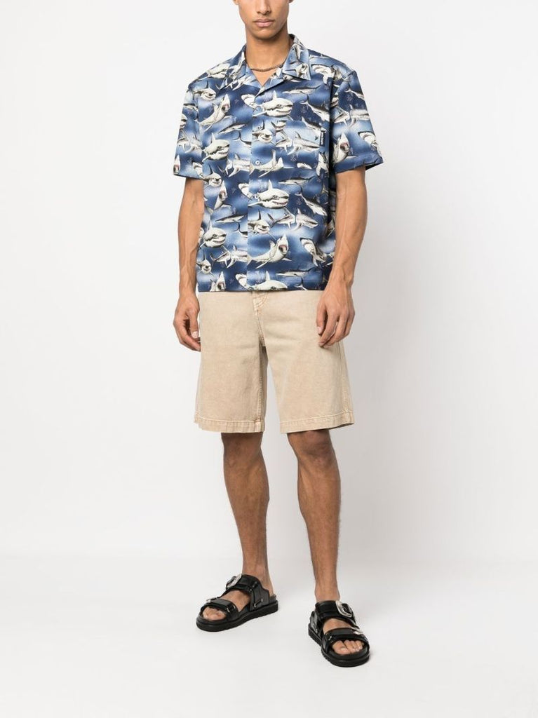 Blue Sharks Print Bowling Shirt