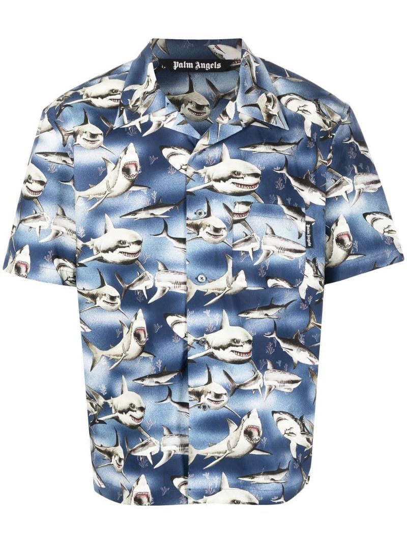 Blue Sharks Print Bowling Shirt