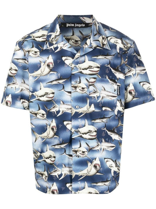 Blue Sharks Print Bowling Shirt