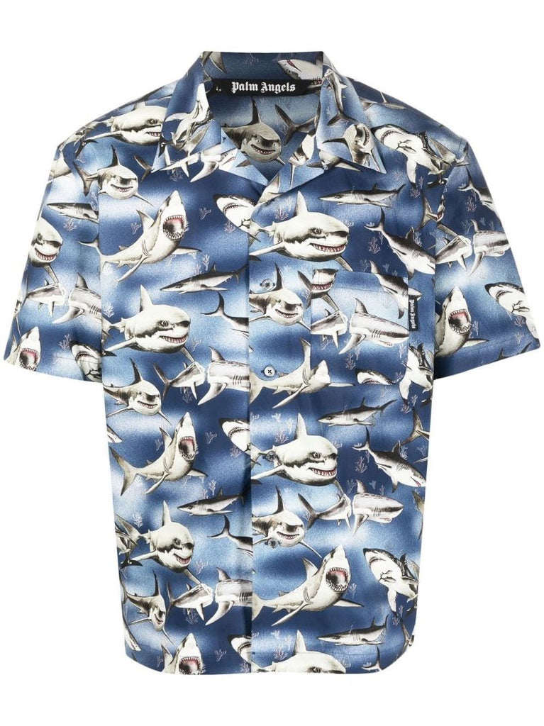 Blue Sharks Print Bowling Shirt
