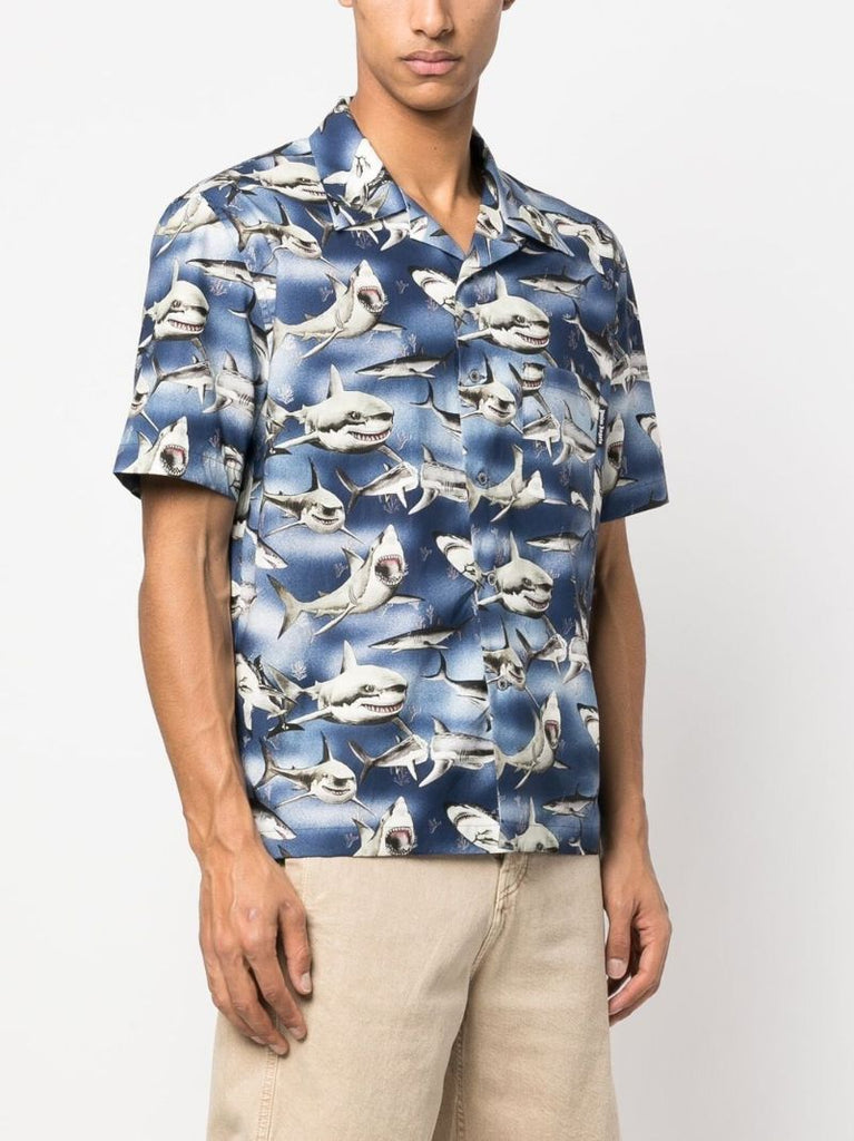 Blue Sharks Print Bowling Shirt