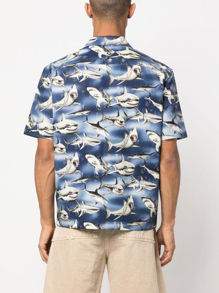 Blue Sharks Print Bowling Shirt