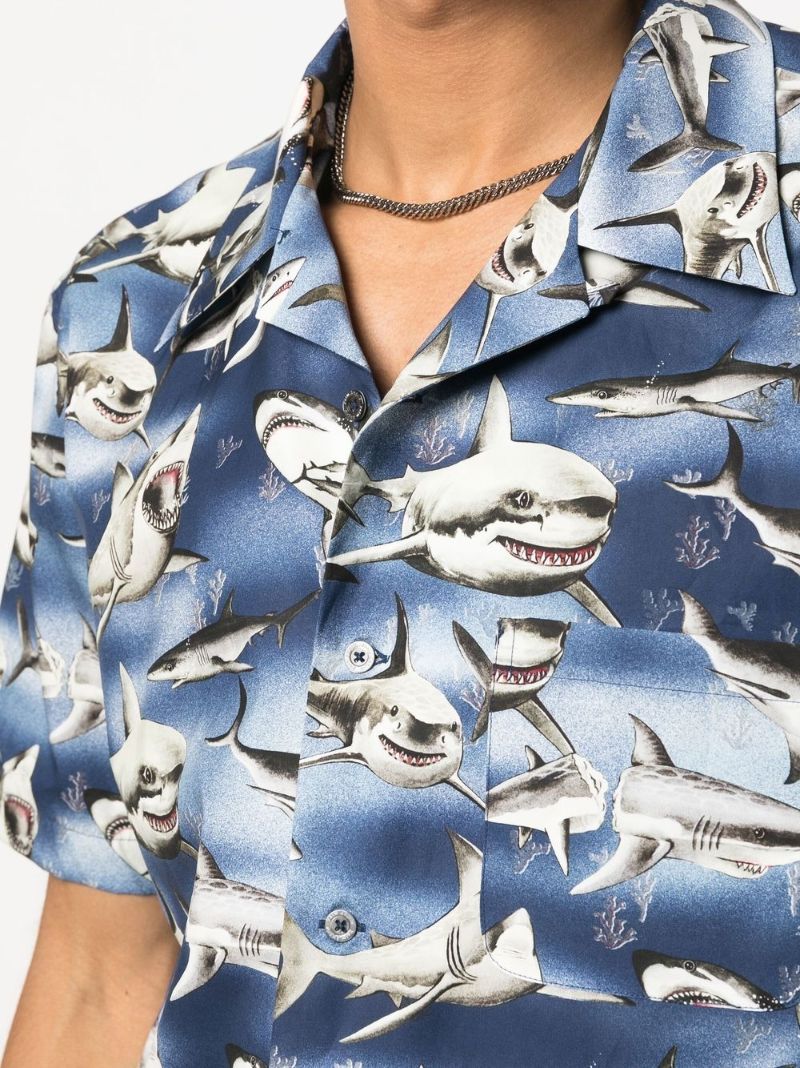 Blue Sharks Print Bowling Shirt