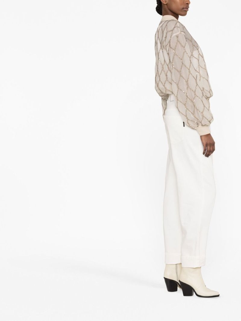 Beige Sequin-embellished Silk Bomber Jacket