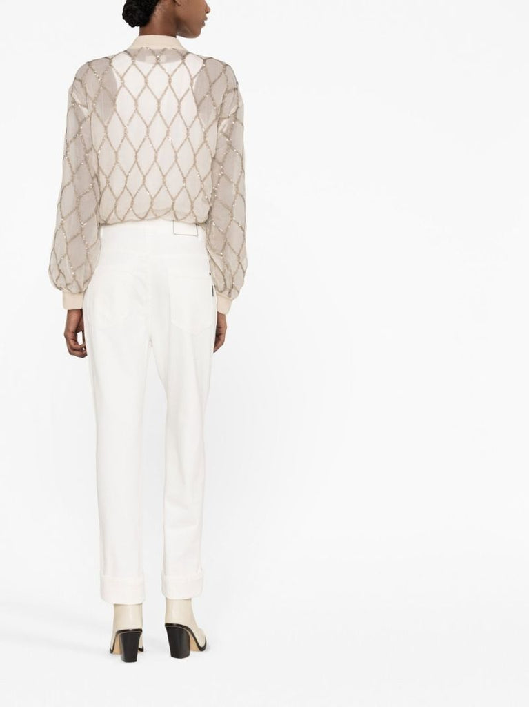 Beige Sequin-embellished Silk Bomber Jacket