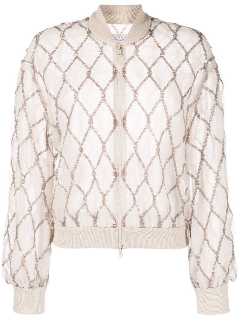 Beige Sequin-embellished Silk Bomber Jacket