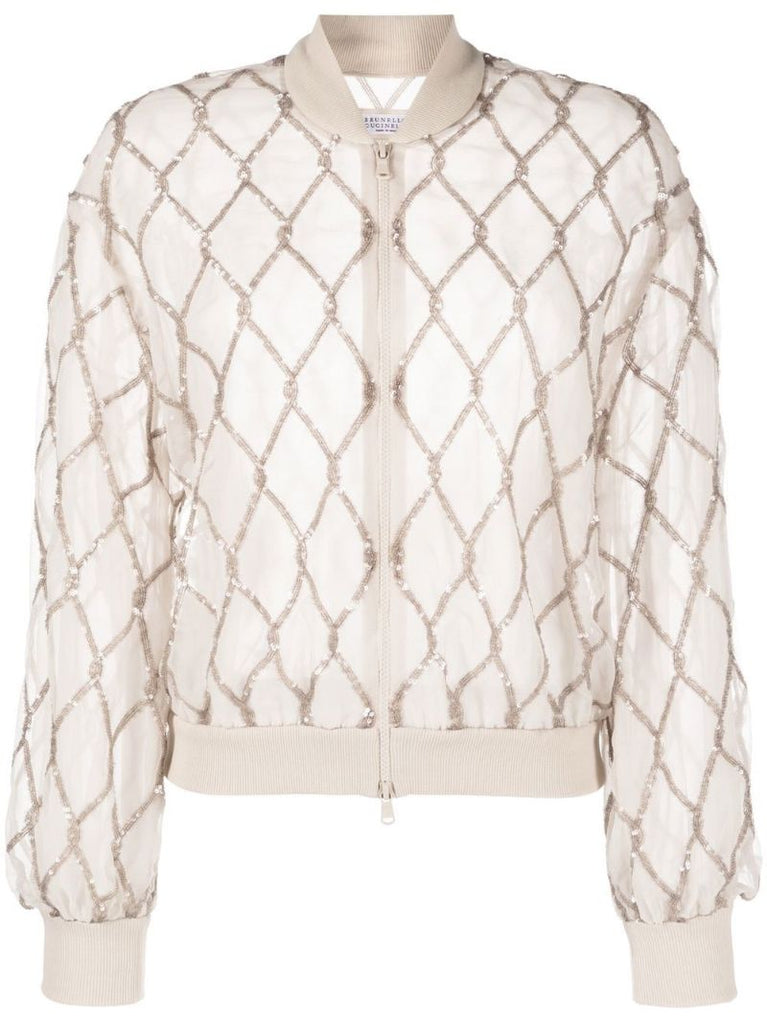 Beige Sequin-embellished Silk Bomber Jacket