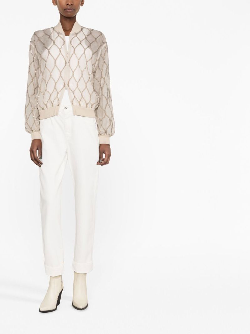 Beige Sequin-embellished Silk Bomber Jacket