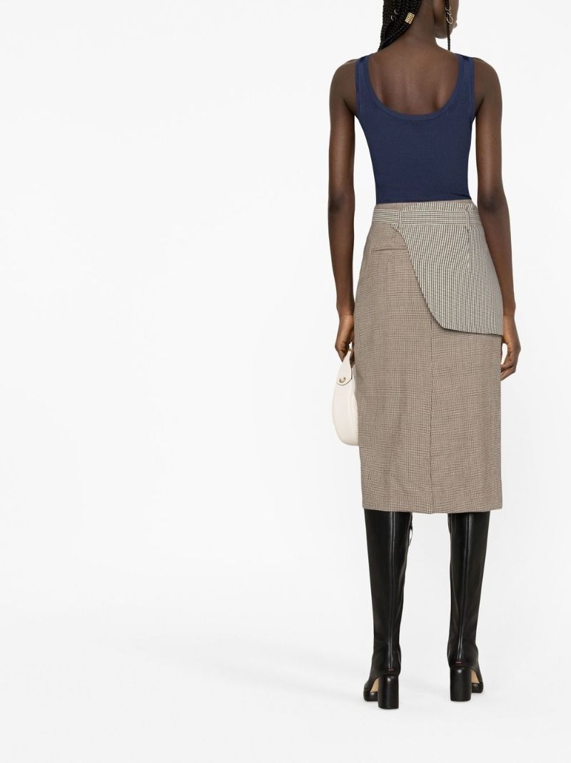 Neutral Houndstooth Wool Midi Skirt