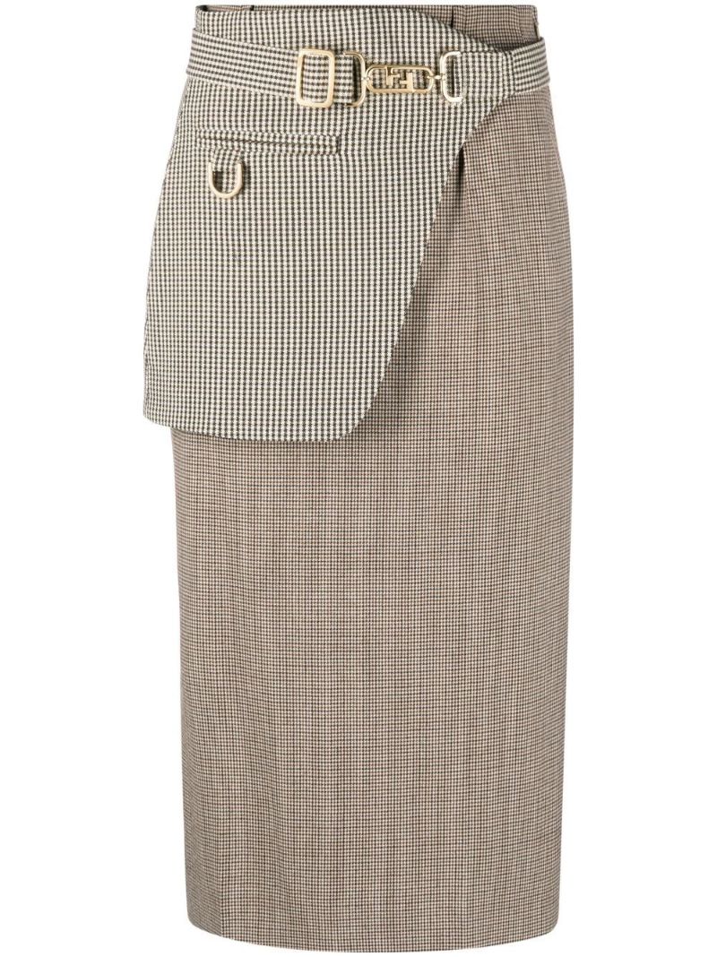 Neutral Houndstooth Wool Midi Skirt
