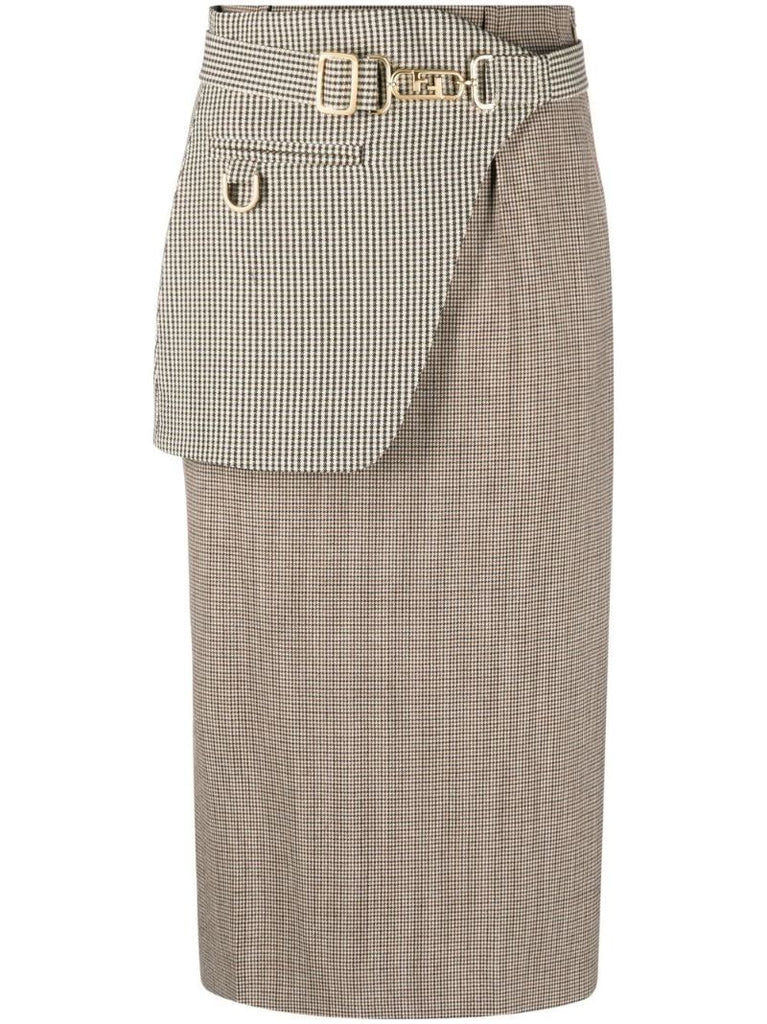 Neutral Houndstooth Wool Midi Skirt