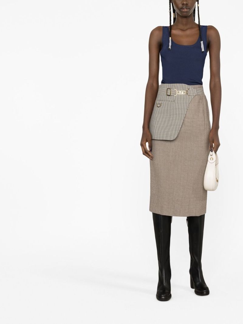Neutral Houndstooth Wool Midi Skirt