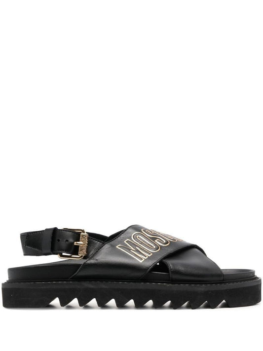 Black Logo-embossed Leather Sandals
