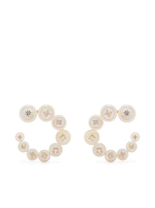 18k Yellow Gold Surrounding Circle Small Diamond and Pearl Earrings