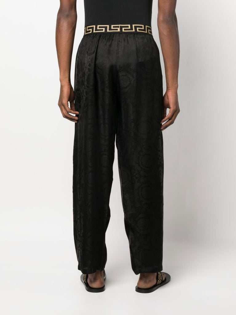 Black Greca Pattern Straight Leg Trousers